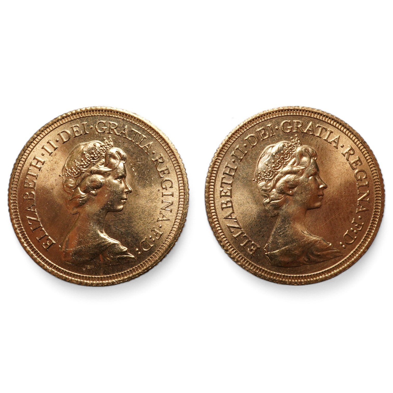 British gold coins, Elizabeth II, two gold sovereigns, both 1980, one with edge nicks otherwise EF, the other UNC